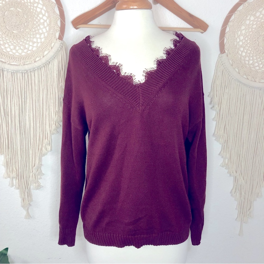 After market burgundy lace detail double v neck pullover sweater small